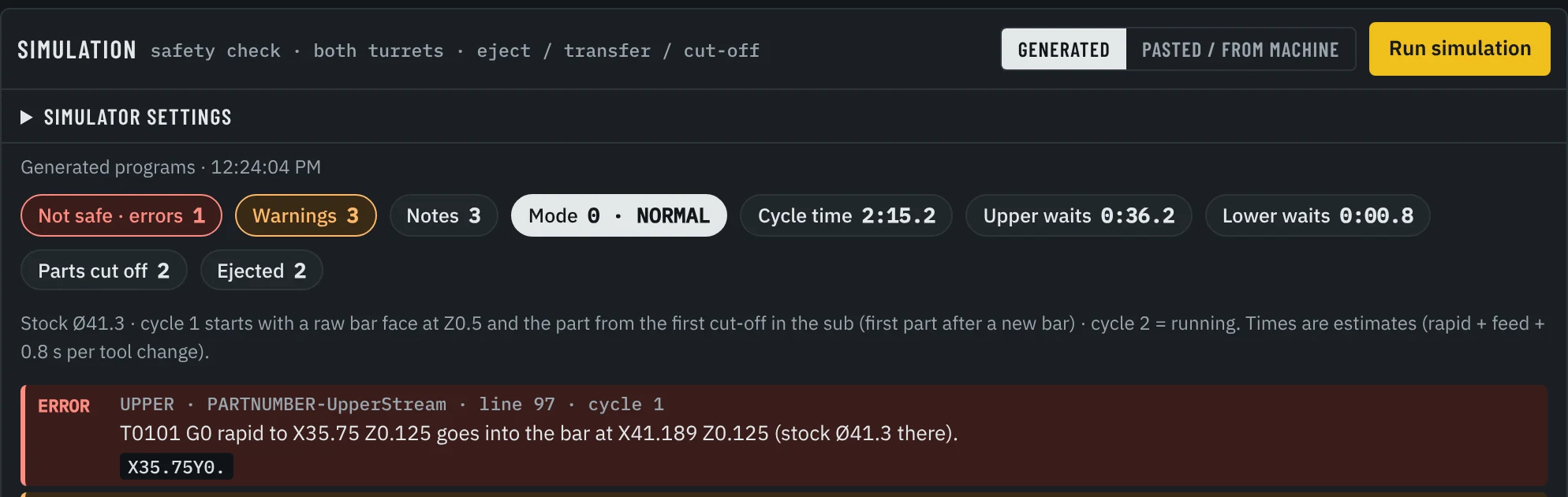 RAZ-Generator: simulation result flagging a rapid move into the bar