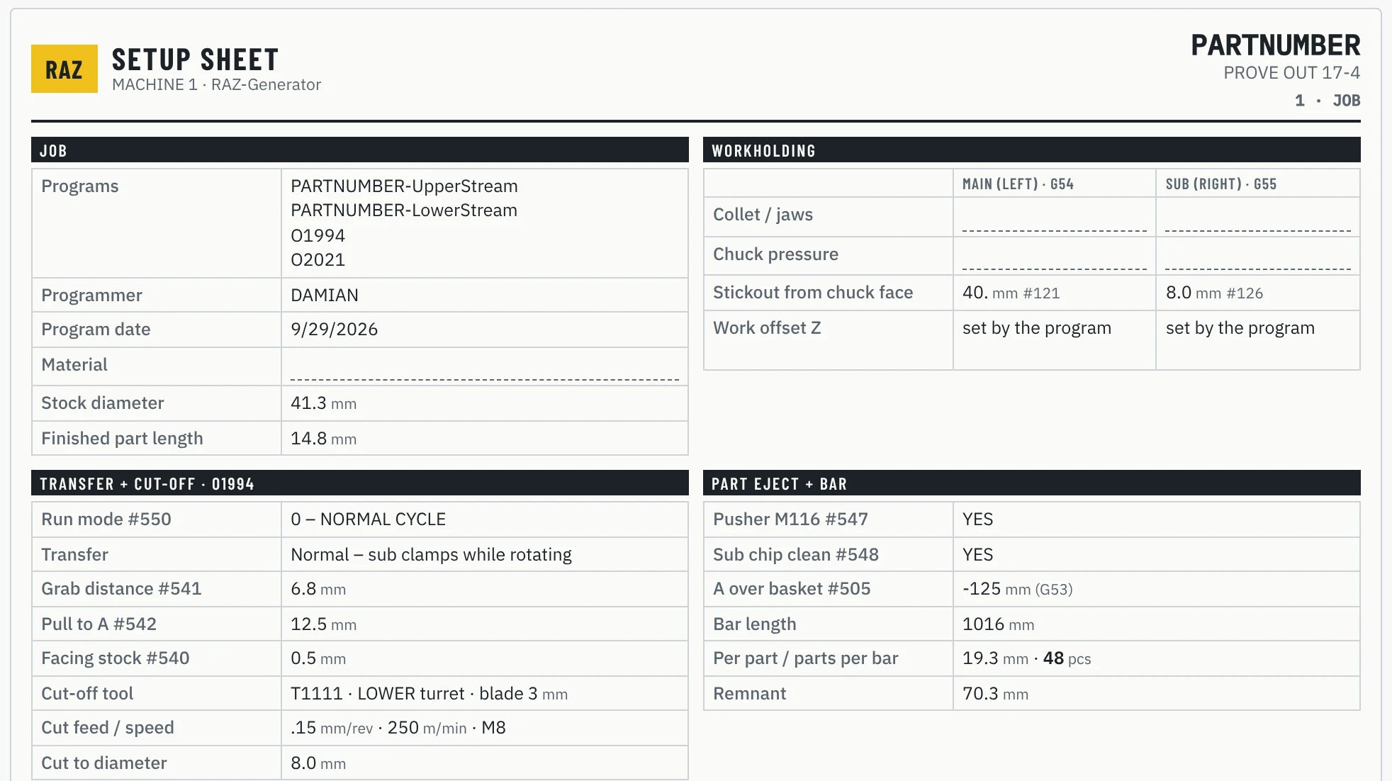 RAZ-Generator: printed setup sheet for the operator